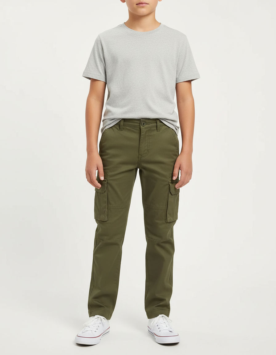 Pantalon Cargo Kaki Droit Multipoches Coton Garçon