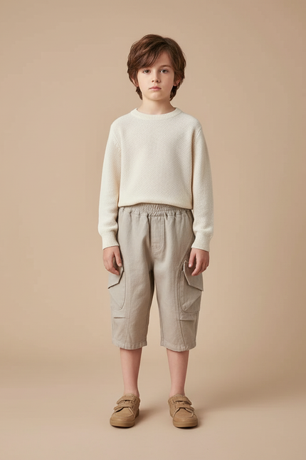Pantalon Cargo Garçon Écru Taille Élastique - Beige Toile