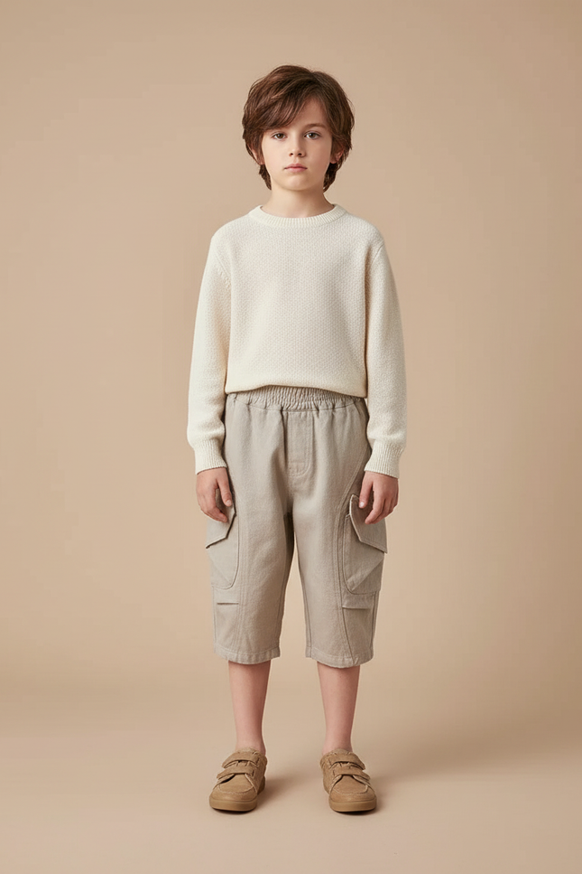 Pantalon Cargo Garçon Écru Taille Élastique - Beige Toile