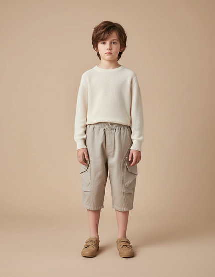 Pantalon Cargo Garçon Écru Taille Élastique - Beige Toile