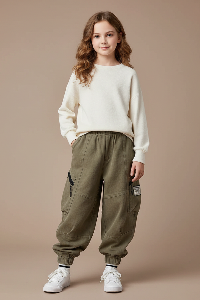Pantalon Cargo Kaki Ample Molletonné Enfant Décontracté
