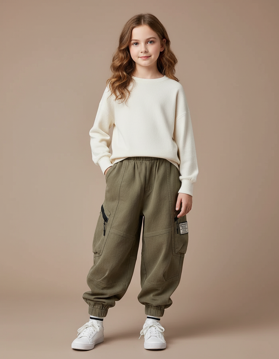 Pantalon Cargo Kaki Ample Molletonné Enfant Décontracté