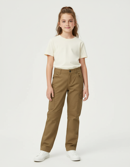 Pantalon Cargo Kaki Enfant Multipoches Coton Coupe Droite - Toile