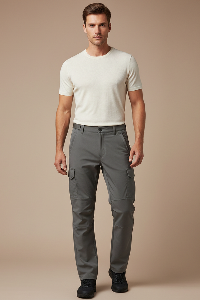 Pantalon Cargo Gris Coupe Droite Multi-Poches Décontracté - Polyester