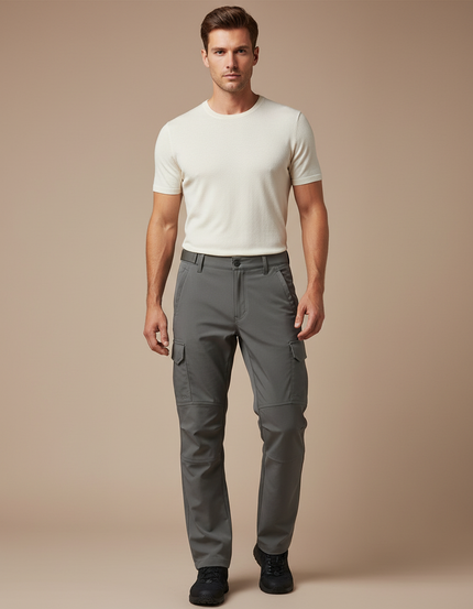 Pantalon Cargo Gris Coupe Droite Multi-Poches Décontracté - Polyester