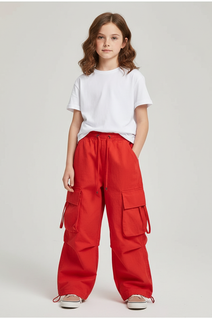Pantalon Cargo Rouge Ample Coton Multipoches Enfant - Toile