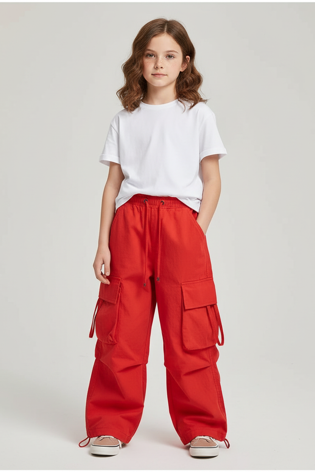 Pantalon Cargo Rouge Ample Coton Multipoches Enfant - Toile