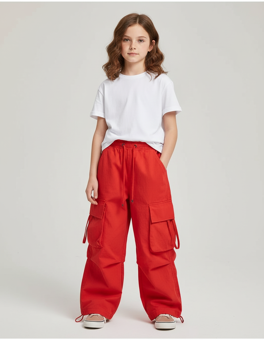 Pantalon Cargo Rouge Ample Coton Multipoches Enfant - Toile