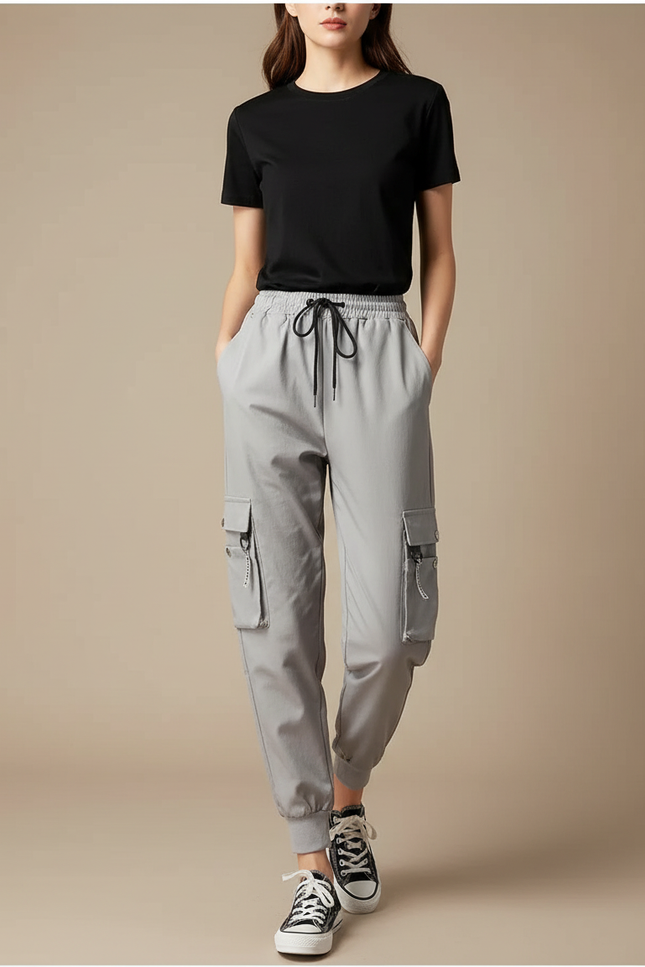 Pantalon Cargo Gris Ample Décontracté Jogger Femme - Polyester