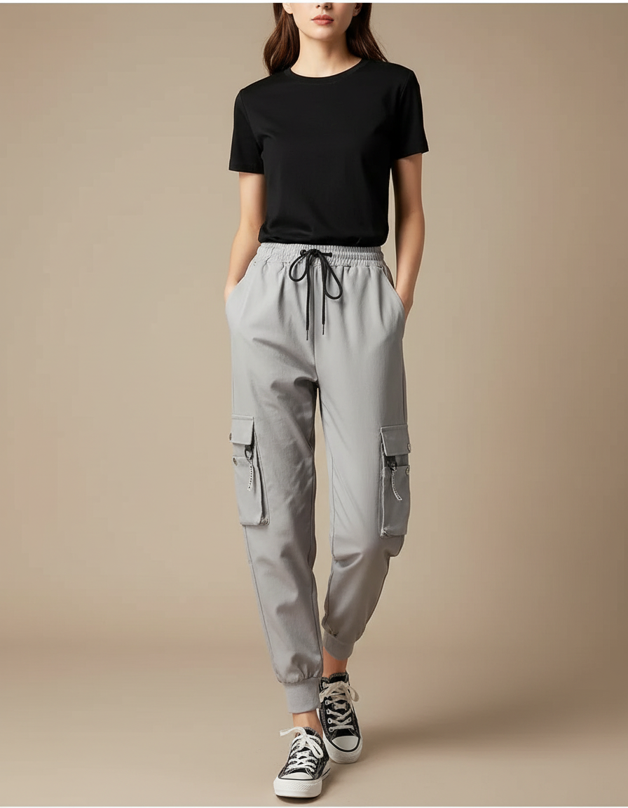 Pantalon Cargo Gris Ample Décontracté Jogger Femme - Polyester