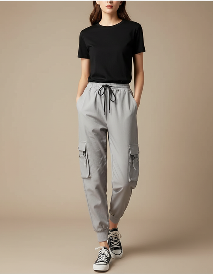 Pantalon Cargo Gris Ample Décontracté Jogger Femme - Polyester