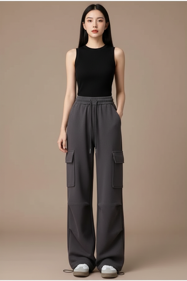 Pantalon Cargo Gris Foncé Ample Décontracté Femme - Molleton