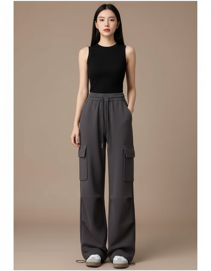 Pantalon Cargo Gris Foncé Ample Décontracté Femme - Molleton