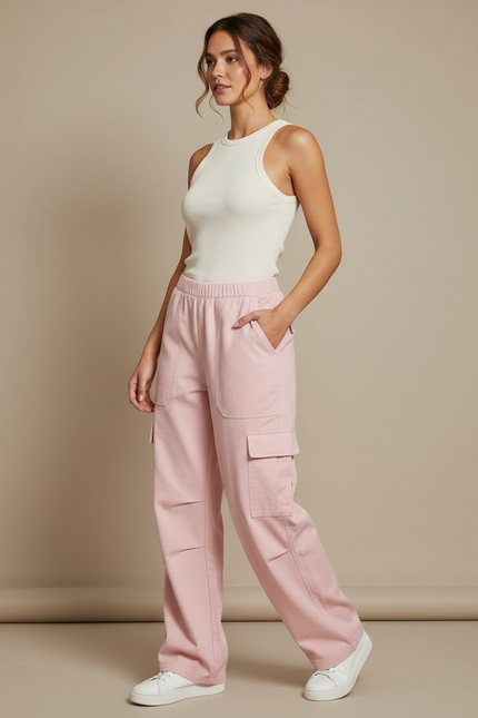 Pantalon Cargo Rose Ample Taille Haute Casual Femme - Molleton
