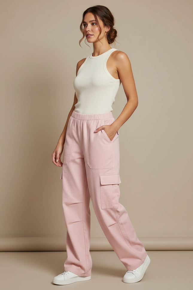 Pantalon Cargo Rose Ample Taille Haute Casual Femme - Molleton