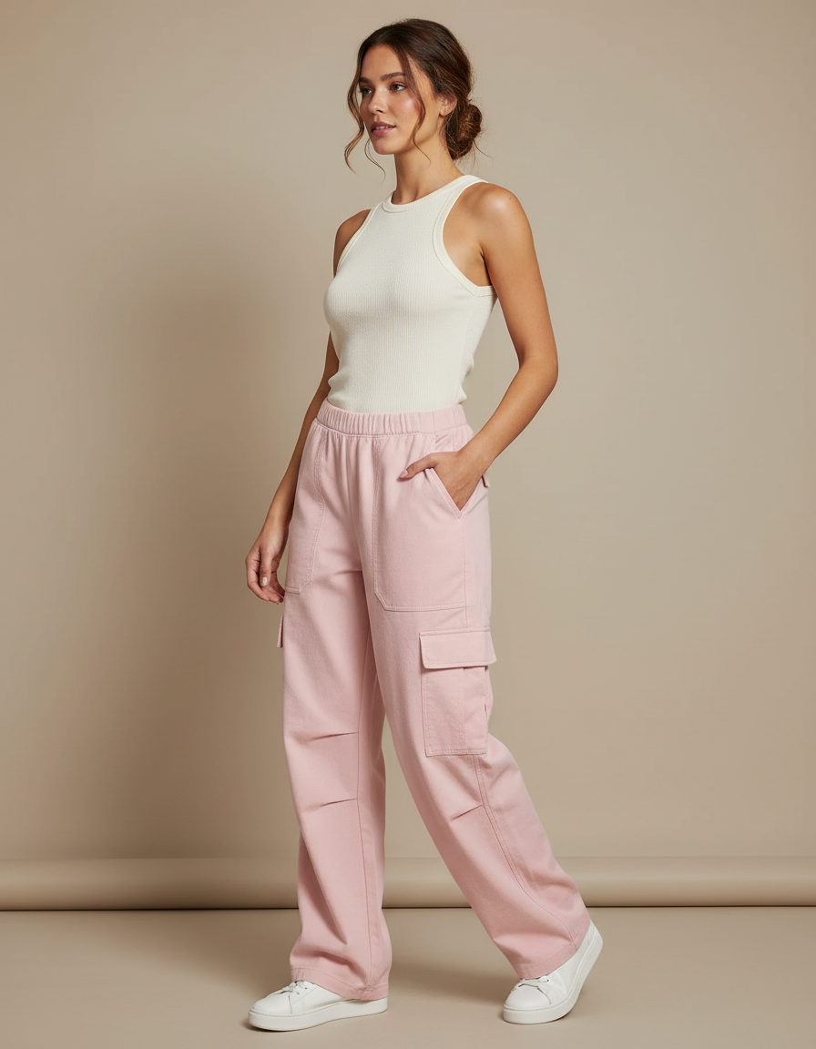 Pantalon Cargo Rose Ample Taille Haute Casual Femme - Molleton