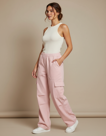 Pantalon Cargo Rose Ample Taille Haute Casual Femme - Molleton