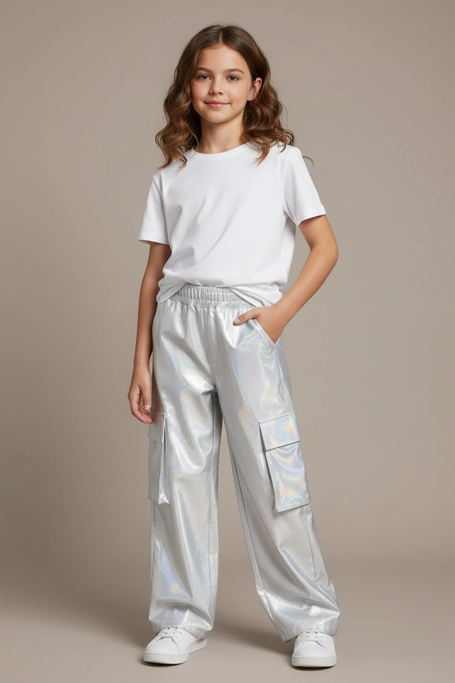 Pantalon Cargo Argenté Brillant Ample Fille - Simili cuir