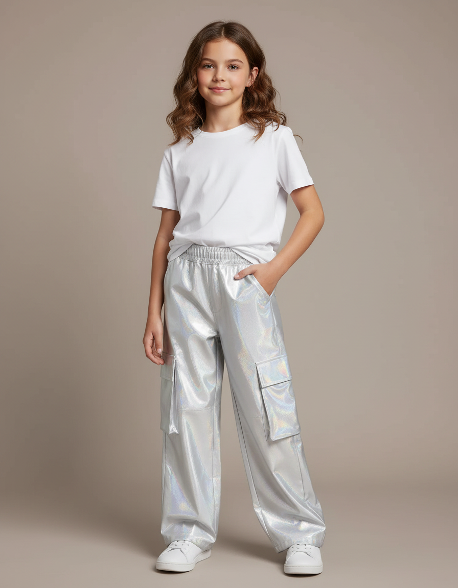 Pantalon Cargo Argenté Brillant Ample Fille - Simili cuir