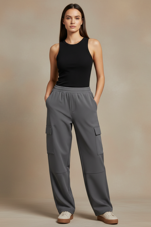 Pantalon Cargo Gris Femme Fluide Décontracté Multipoches - Polyester