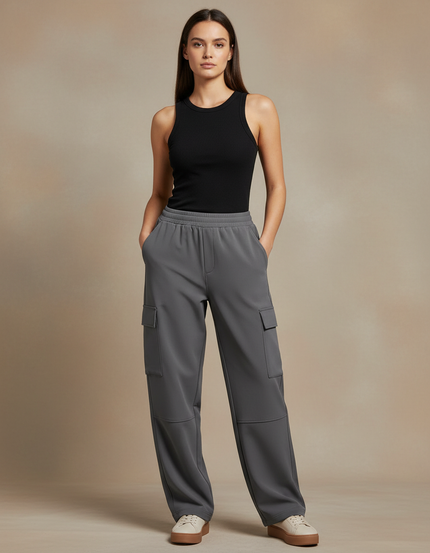 Pantalon Cargo Gris Femme Fluide Décontracté Multipoches - Polyester