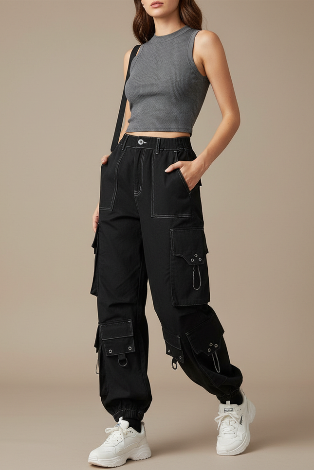 Pantalon Cargo Noir Ample Multipoches Chaînes Streetwear - Toile