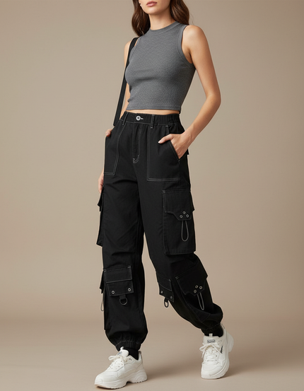 Pantalon Cargo Noir Ample Multipoches Chaînes Streetwear - Toile