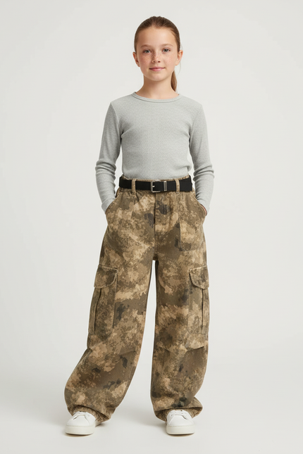 Pantalon Cargo Camouflage Ample Enfant Poches Latérales - Kaki Toile