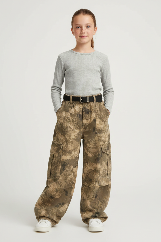 Pantalon Cargo Camouflage Ample Enfant Poches Latérales - Kaki Toile