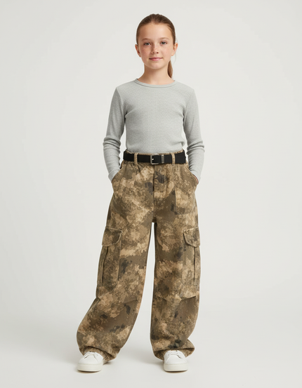 Pantalon Cargo Camouflage Ample Enfant Poches Latérales - Kaki Toile