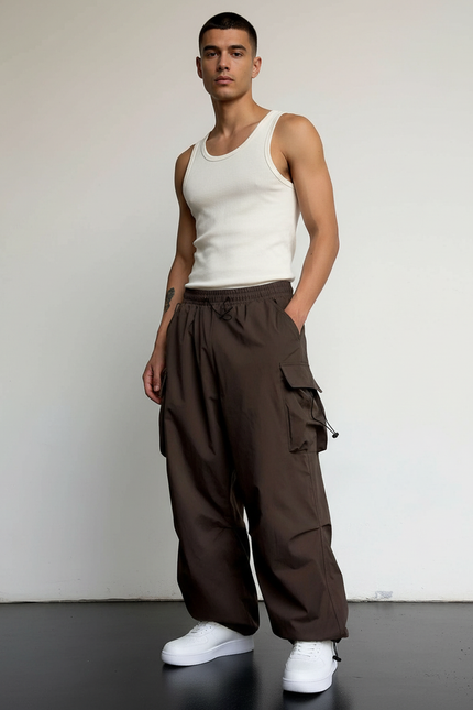 Pantalon Cargo Marron Ample Streetwear Cordon Homme - Polyester