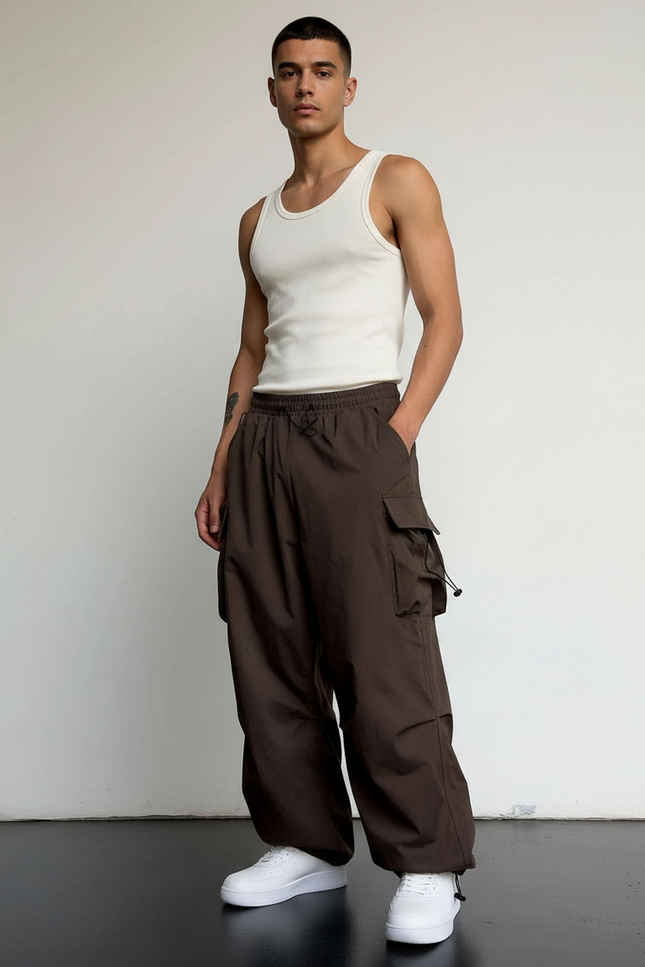 Pantalon Cargo Marron Ample Streetwear Cordon Homme - Polyester