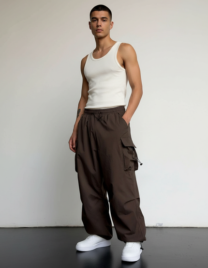 Pantalon Cargo Marron Ample Streetwear Cordon Homme - Polyester
