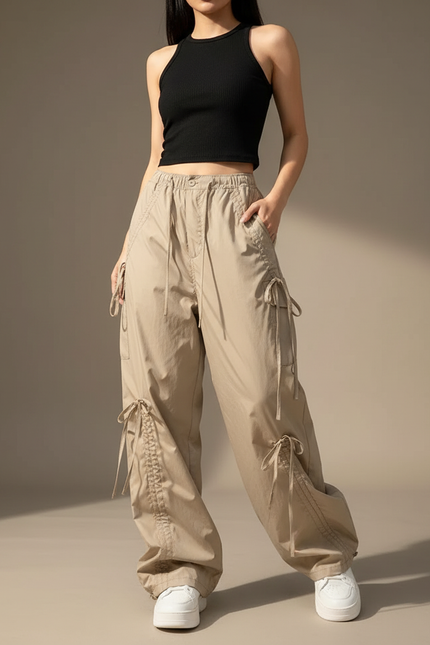Pantalon Cargo Beige Ample Cordons Streetwear Femme - Toile