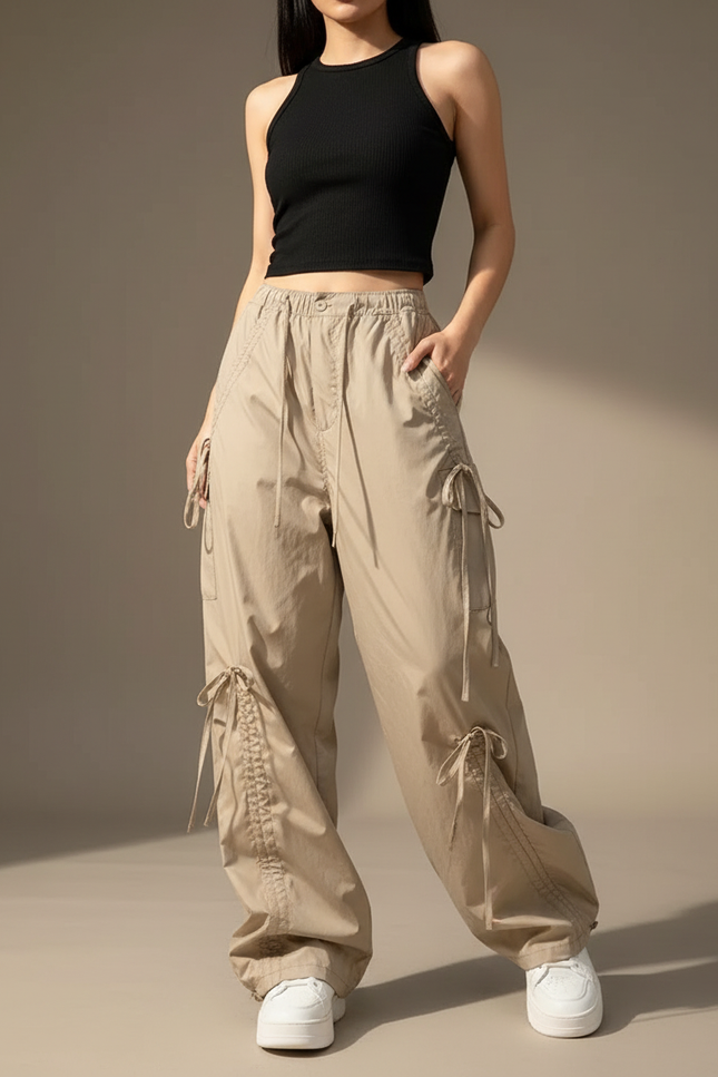 Pantalon Cargo Beige Ample Cordons Streetwear Femme - Toile