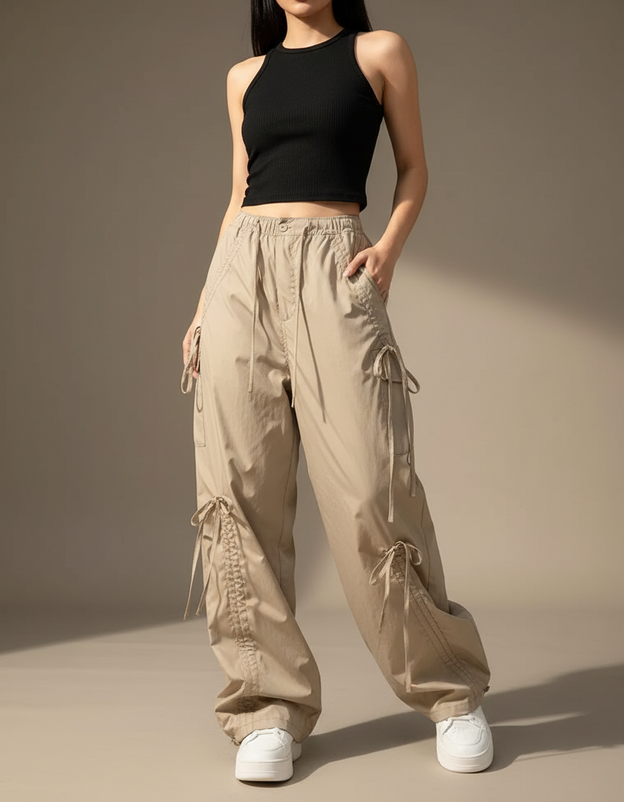 Pantalon Cargo Beige Ample Cordons Streetwear Femme - Toile