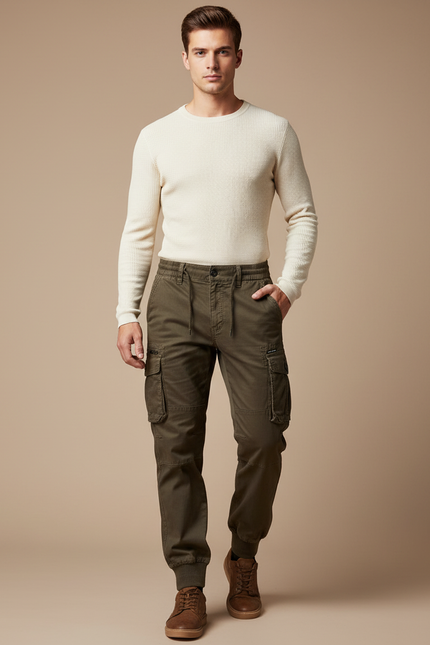 Pantalon Cargo Kaki Coton Multipoches Décontracté Homme