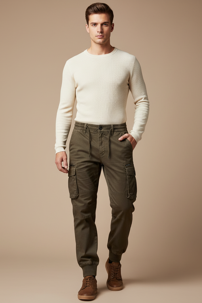 Pantalon Cargo Kaki Coton Multipoches Décontracté Homme
