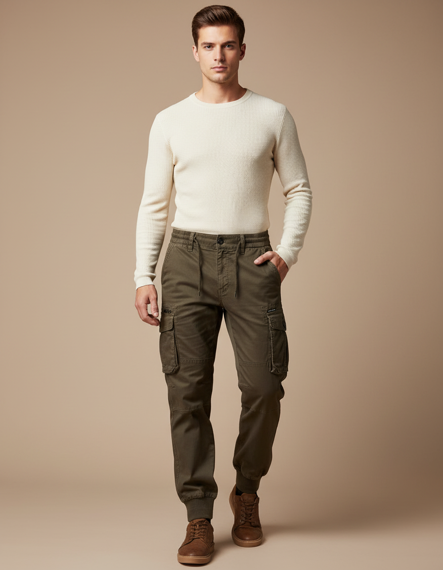 Pantalon Cargo Kaki Coton Multipoches Décontracté Homme