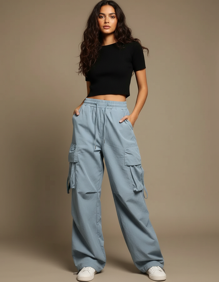Pantalon Cargo Boyfriend - Bleu Polyester