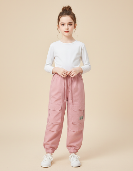 Pantalon Cargo Rose Ample Coton Fille Poches