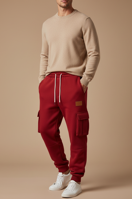 Pantalon Cargo Rouge Ample Molleton Multipoches Homme