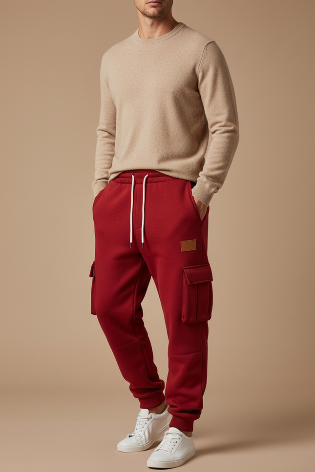 Pantalon Cargo Rouge Ample Molleton Multipoches Homme