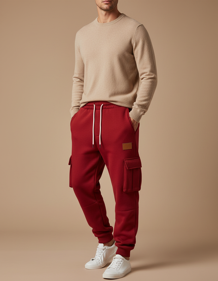 Pantalon Cargo Rouge Ample Molleton Multipoches Homme
