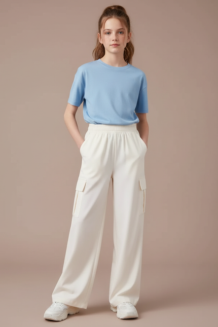Pantalon Cargo Crème Ample Taille Haute Fille - Blanc Polyester