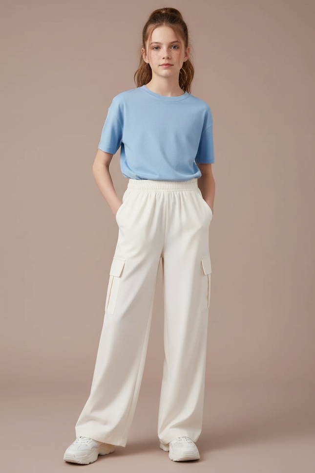 Pantalon Cargo Crème Ample Taille Haute Fille - Blanc Polyester