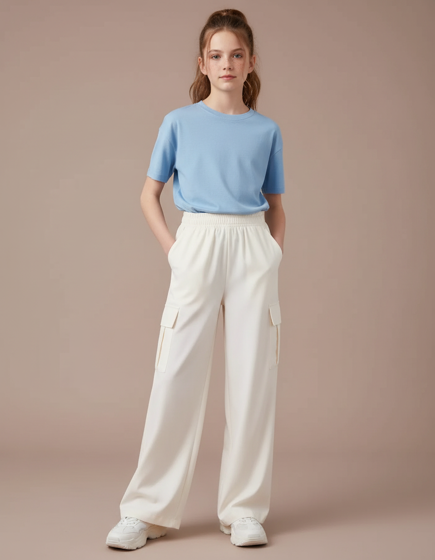 Pantalon Cargo Crème Ample Taille Haute Fille - Blanc Polyester