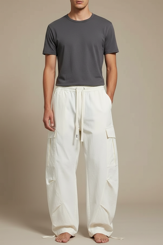Pantalon Cargo Blanc Ample Décontracté Coton Homme