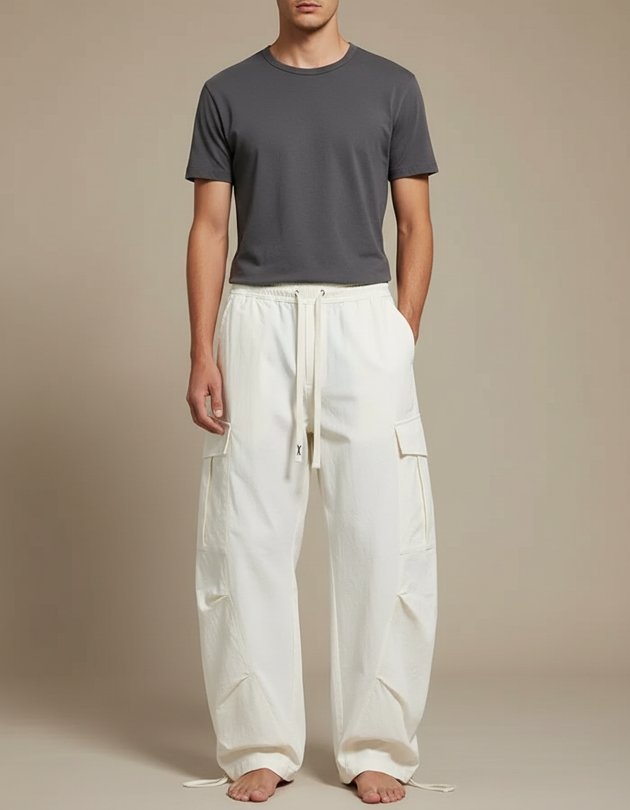 Pantalon Cargo Blanc Ample Décontracté Coton Homme