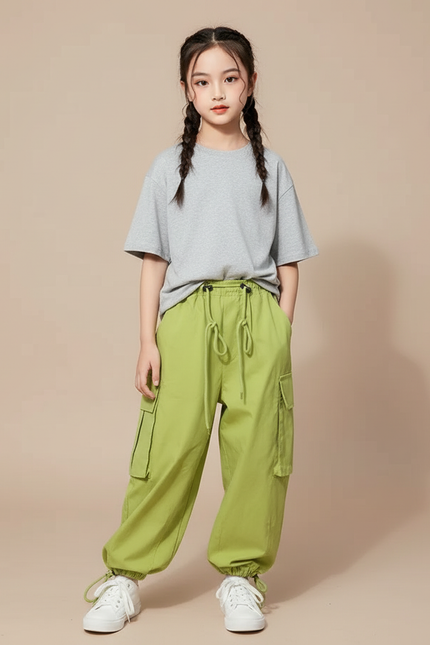 Pantalon Cargo Vert Ample Poches Fille Coton